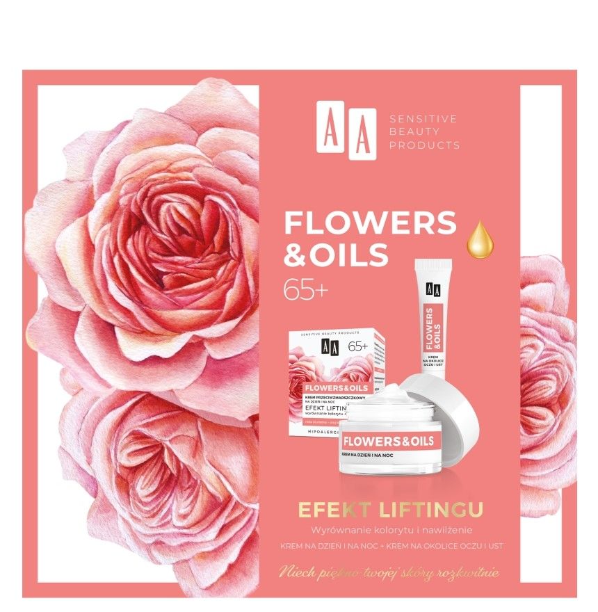 AA Flowers & Oils 65+ - zestaw (Krem na dzień i na noc 50ml + Krem na okolice oczu i ust 15ml)