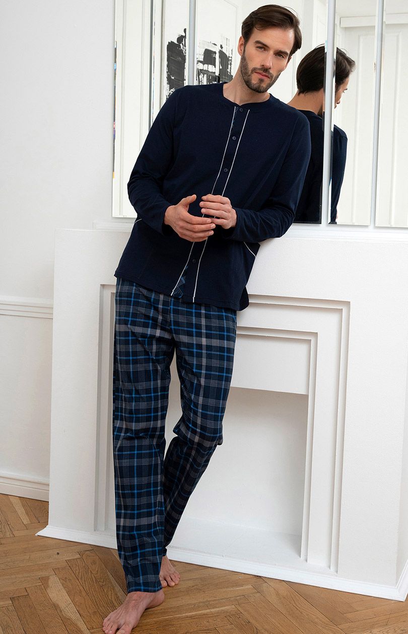 Bawełniana piżama męska Jakub, Kolor granatowy-wzór, Rozmiar M, Italian Fashion - Intymna
