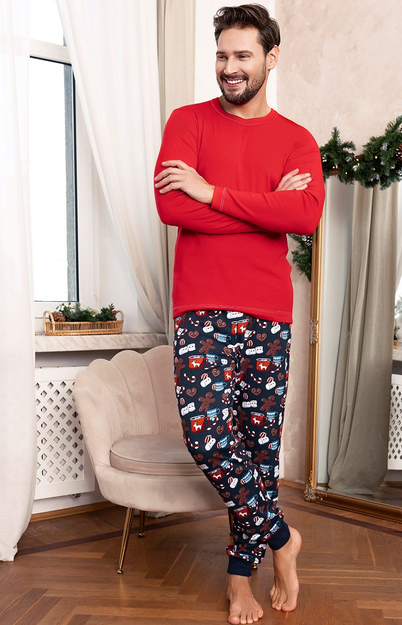 Piżama męska świąteczna czerwona Rojas, Kolor czerwony-wzór, Rozmiar S, Italian Fashion - Intymna
