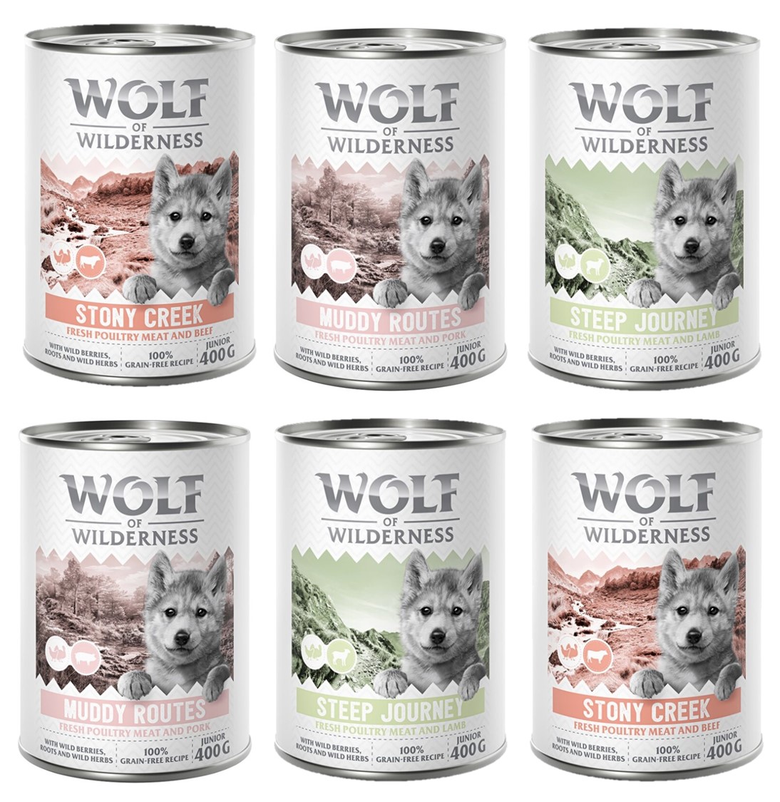 Wolf of Wilderness Junior “Expedition”, 6 x 400 g - Pakiet mieszany