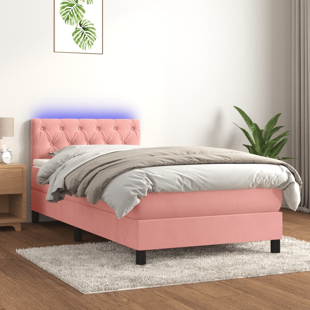 vidaXL Łóżko kontynentalne z materacem i LED, różowy aksamit 80x200 cm