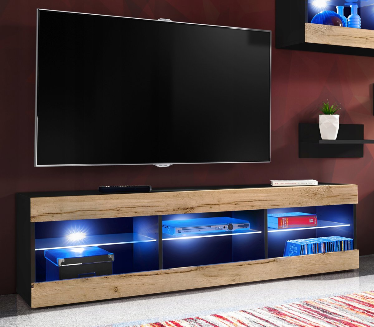 Szafka RTV / RGB LED / Biała / Czarna / Dąb Wotan