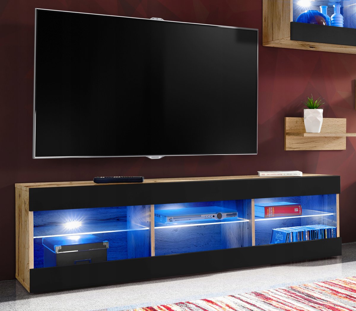 Szafka RTV / RGB LED / Biała / Czarna / Dąb Wotan