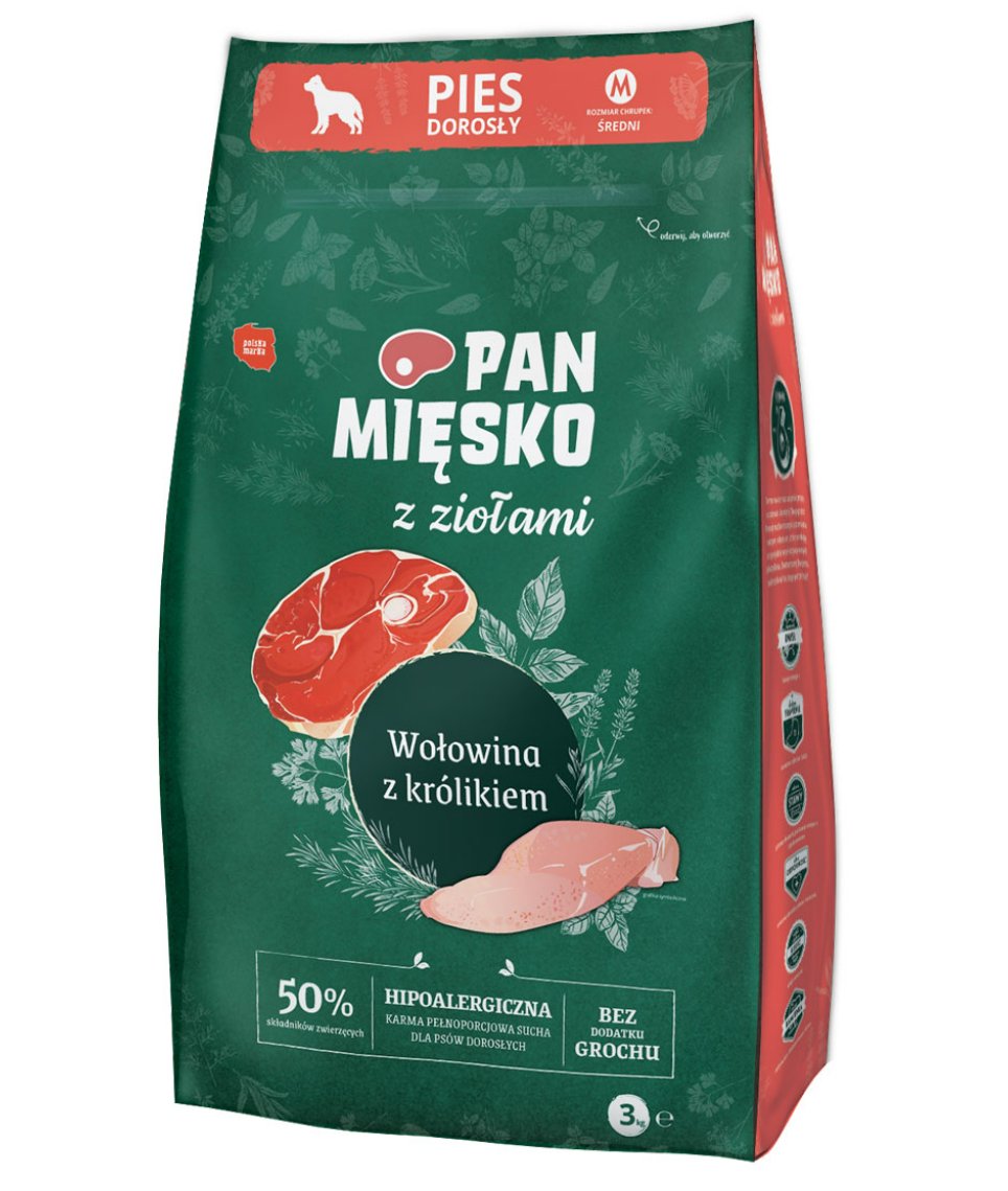 Pan Mięsko z ZIOŁAMI Karma sucha dla psa Wołowina z Królikiem średnie chrupki M - 3kg