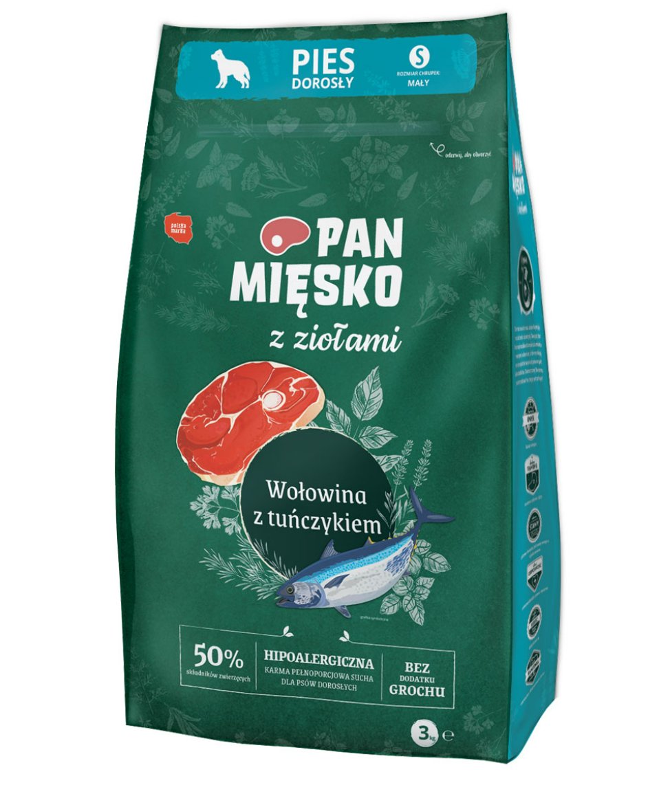Pan Mięsko z ZIOŁAMI Karma sucha dla psa Wołowina z Tuńczykiem małe chrupki S - 3kg