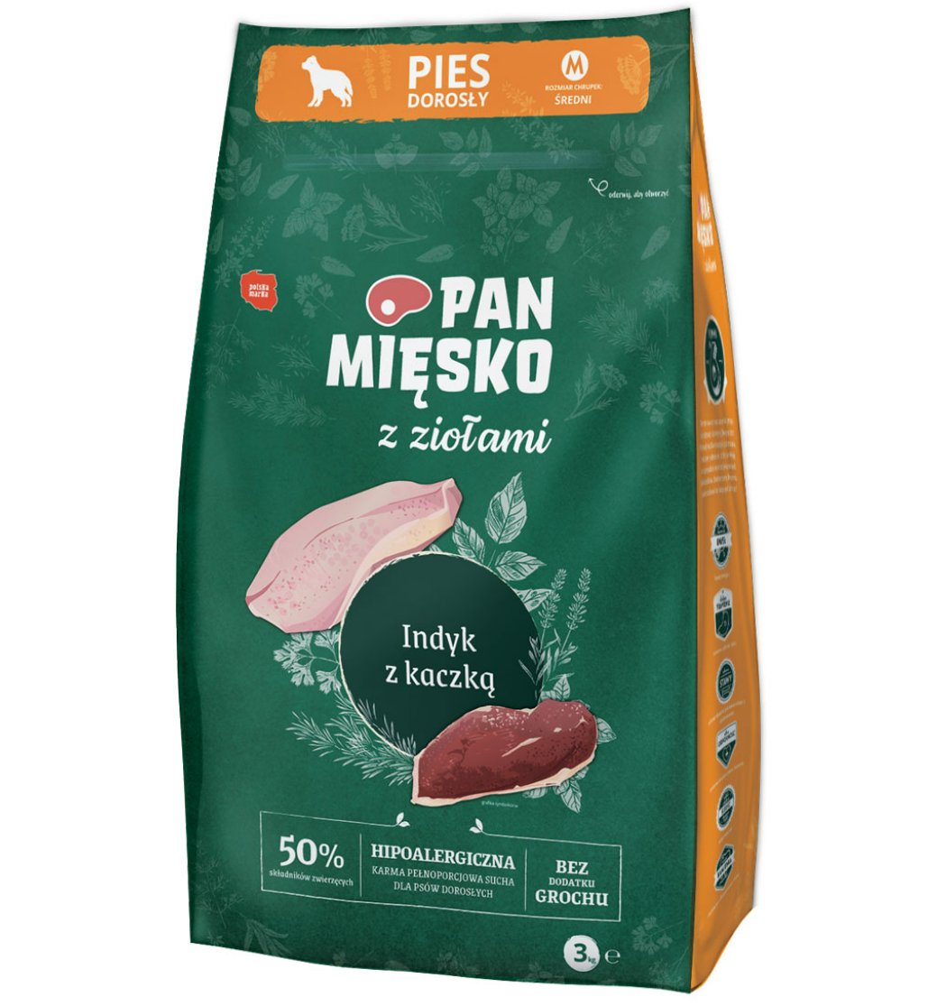 Pan Mięsko Z Ziołami Karma Sucha Dla Psa Indyk Z Kaczką Średnie Chrupki M - 3Kg