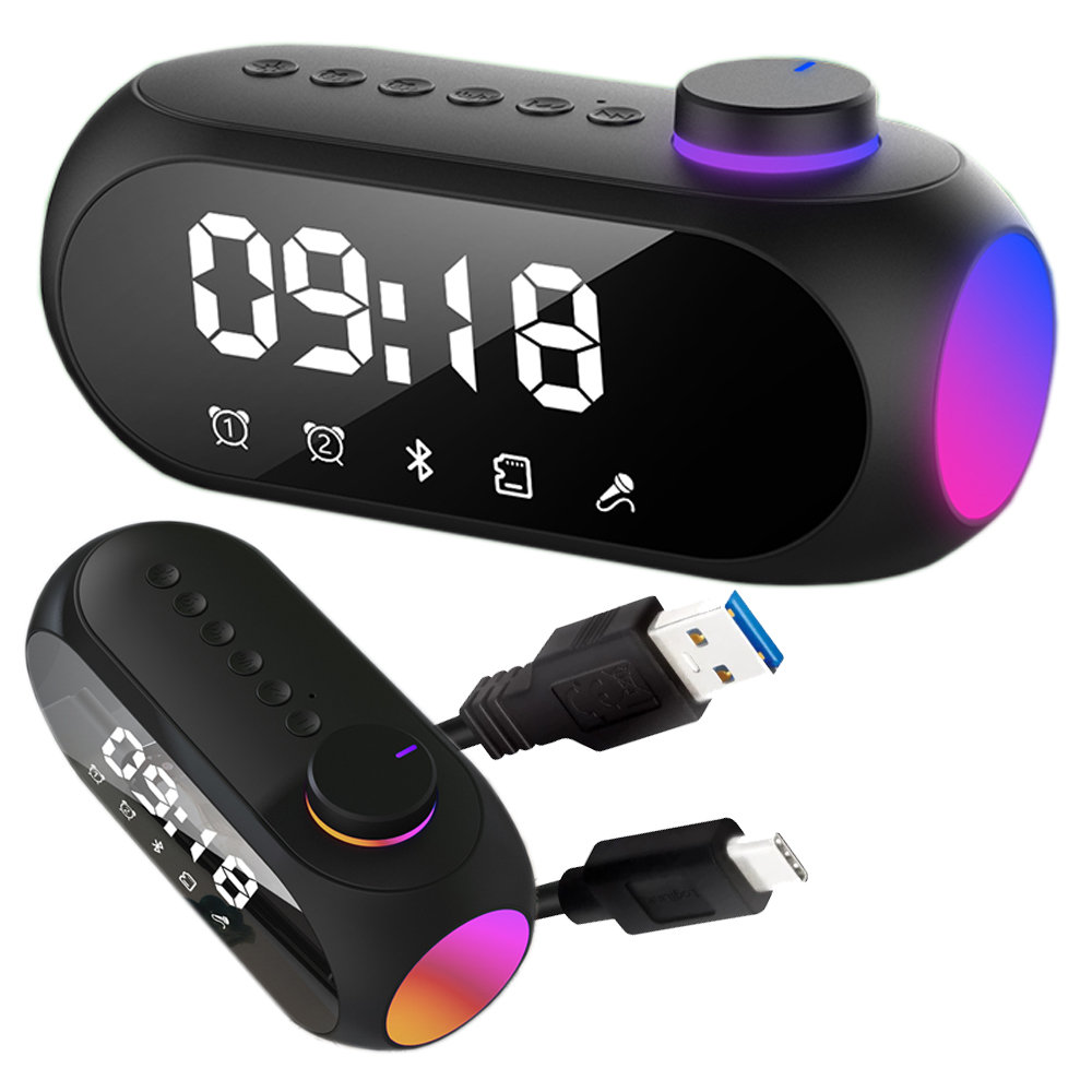 GŁOŚNIK BLUETOOTH PRZENOŚNY  BUDZIK ZEGAREK MP3 RADIO FM OŚWIETLENIE