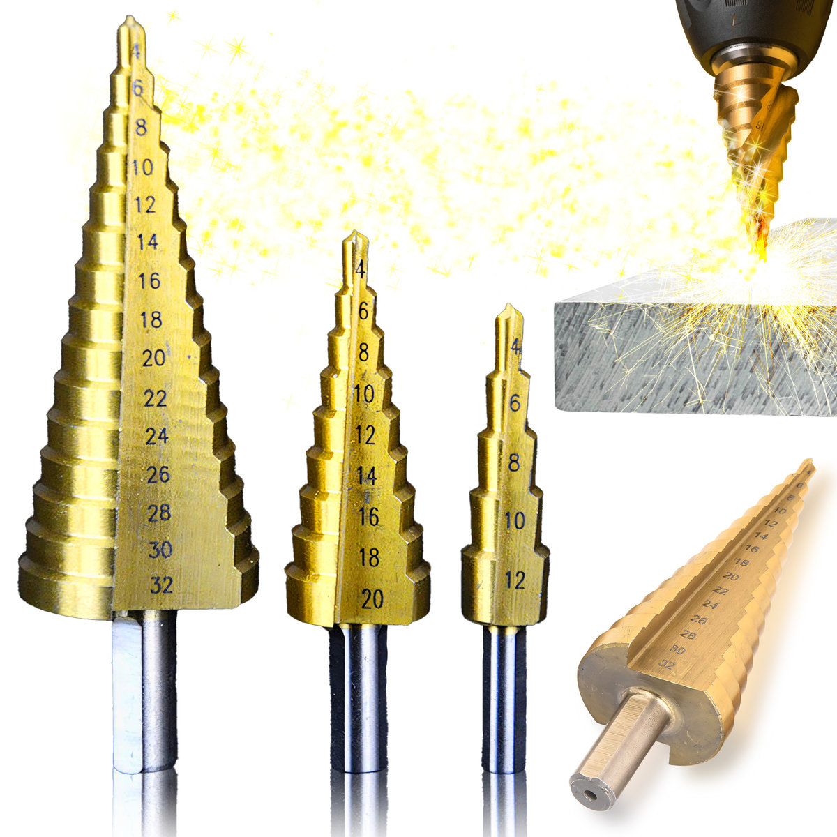 Wiertła Stożkowe Stopniowe 4-32Mm Zestaw Wiertło Hss Do Metalu 3 Sztuki