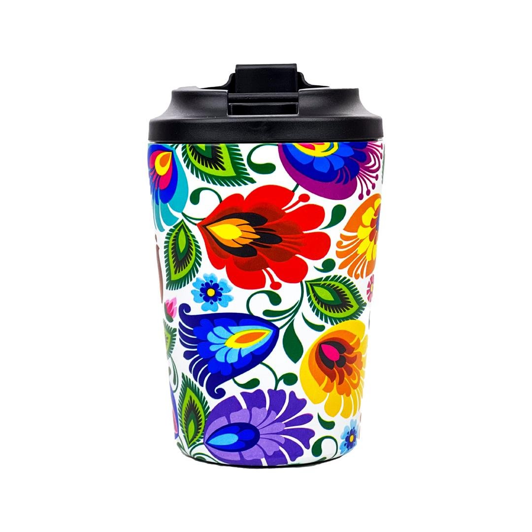 KUBEK TERMICZNY FOLK 350 ML - WZORY ŁOWICKIE - BIAŁY
