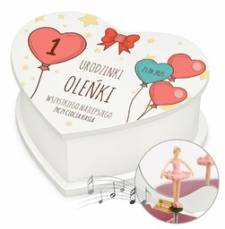 Szkatułka na biżuterię w kształcie serca z pozytywką i nadrukiem dla dziewczynki na roczek