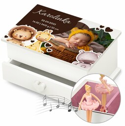 Szkatułka na biżuterię z pozytywką i szufladką ze zdjęciem dla dziewczynki z okazji narodzin chrzcin