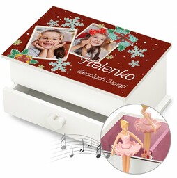 Szkatułka na biżuterię z pozytywką i szufladką z kolażem zdjęć dla dziewczynki na święta