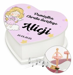 Szkatułka na biżuterię w kształcie serca z pozytywką i nadrukiem dla dziewczynki na chrzest