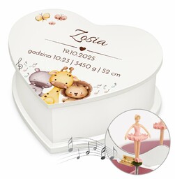 Szkatułka na biżuterię w kształcie serca z pozytywką i nadrukiem dla dziewczynki z okazji narodzin chrzcin