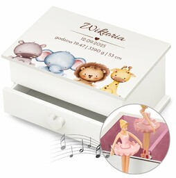 Szkatułka na biżuterię z pozytywką i szufladką z nadrukiem dla dziewczynki z okazji narodzin chrzcin