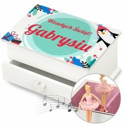 Szkatułka na biżuterię z pozytywką i szufladką z nadrukiem dla dziewczynki na święta