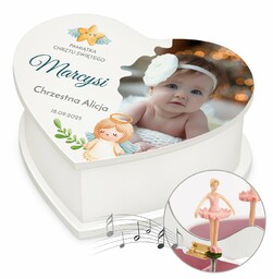 Szkatułka na biżuterię w kształcie serca z pozytywką i Twoim zdjęciem dla dziewczynki na chrzest