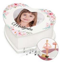 Szkatułka na biżuterię w kształcie serca z pozytywką i Twoim zdjęciem dla dziewczynki z okazji imienin