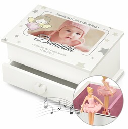 Szkatułka na biżuterię z pozytywką i szufladką ze zdjęciem dla dziewczynki na chrzest