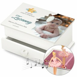 Szkatułka na biżuterię z pozytywką i szufladką ze zdjęciem dla dziewczynki na chrzest