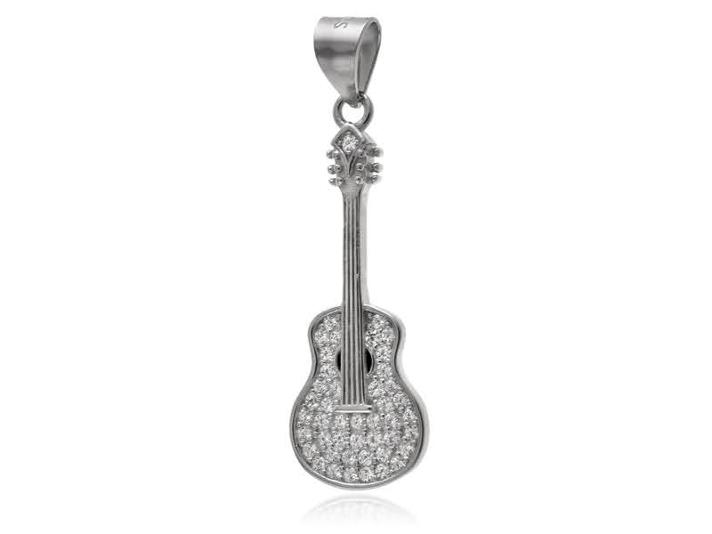 Elegancki rodowany srebrny wisiorek gitara klasyczna białe cyrkonie srebro 925