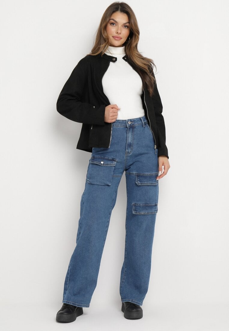 Niebieskie Spodnie Bojówki z Regularną Talią i Kieszeniami z Klapą Elarial