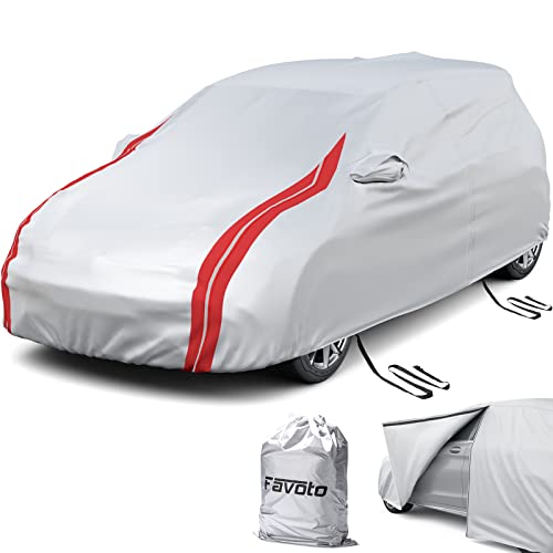 Favoto Pokrowiec na samochód, na zimę, tkanina Oxford 210D, pyłoszczelna, wodoszczelna, odporna na zarysowania, ochrona przed promieniowaniem UV, do 400-435 cm, hatchback z paskami odblaskowymi, pasy