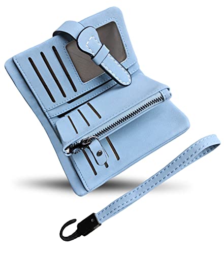 AOXONEL Damski, mały, składany skórzany portfel, blokujący RFID, damski pasek na nadgarstek z uchwytem na karty, okno, portmonetka (jasnoniebieska)