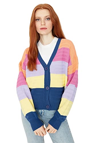 Trendyol Damski sweter rozpinany z dekoltem w serek Colorblock Relaxed, niebieski, S, NIEBIESKI, S