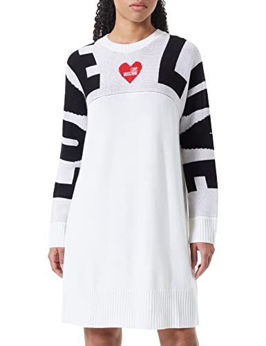 Love Moschino Damska sukienka z długim rękawem, żakardowa, Intarsia i Heart, z logo, haftowana sukienka, optical white, 40