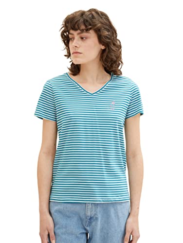 TOM TAILOR Damska koszulka z haftem, 32150 - petrol Thin Stripe, 3XL