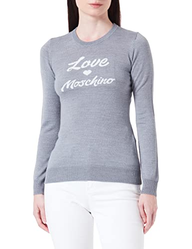 Love Moschino Damski sweter z długim rękawem, krój slim fit, z włoskim logo, żakard, Intarsia, Melange Dark Grey, 42