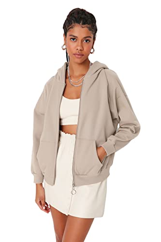 Trendyol Damska bluza z kapturem jednokolorowa, oversize, Kamień, M, KAMIEŃ