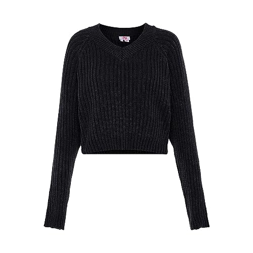 myMo Damski sweter z dzianiny prążkowanej z dekoltem w serek poliester czarny rozmiar M/L, czarny, M