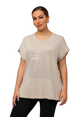 Ulla Popken Damska koszulka z nadrukiem czcionki, oversize, okrągły dekolt, pół rękaw, Miękki granit, 54/56