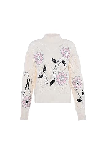faina Damski sweter z dzianiny z nieregularnymi otworami i cekinowymi kwiatami WOLLBIAŁY rozmiar M/L, biały (wollweiss), XL
