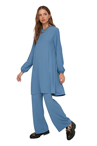 TRENDYOL Damska koszula damska Plain Elastic Waist Detailed Woven Tunic Modest Top-Bottom Set, niebieski, 38