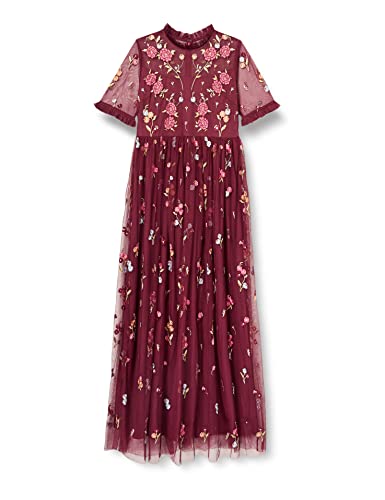 Frock and Frill Damska haftowana sukienka w kwiaty na specjalne okazje, ciemna wiśnia, 12