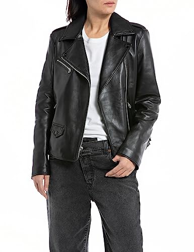 Replay Damska kurtka skórzana slim fit, 010 Black, XS