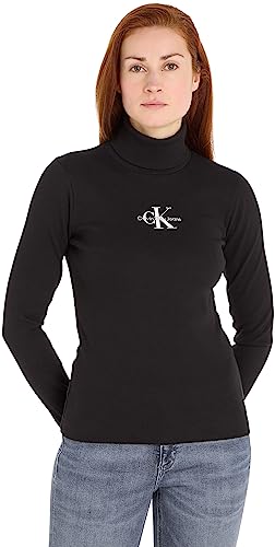 Calvin Klein Jeans Damskie topy z dzianiny Monologo Rib Roll Neck L/S, Czarny, XXS