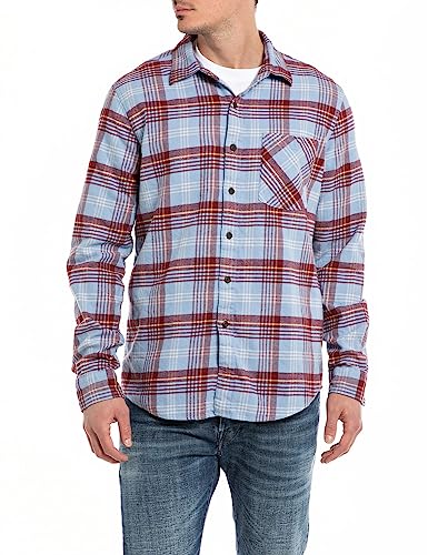 Replay Koszula męska regular fit, 010 Lt Blue/Burgundy/Natural White, 3XL