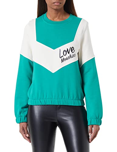 Love Moschino Damska bluza z długim rękawem, okrągły dekolt, z wstawkami w kontrastowych kolorach i włoskim logo, 46, Zielony wodny, 46