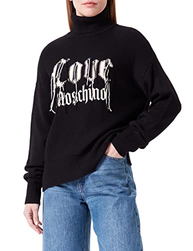 Love Moschino Damski sweter z krótkim rękawem o prostym kroju, z piórkami i emblematem, czarny, 38