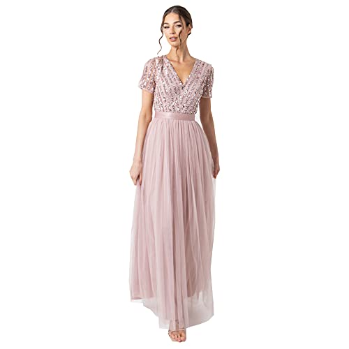 Maya Deluxe Maxi Dress For Women Ladies Bridesmaid V-Neck Plus Size Ball Gown Short Sleeves Long Elegant Empire Waist Sukienka dla druhny dla kobiet, Taupe Blush, 42