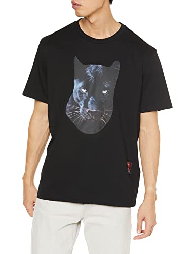 HUGO Męski T-shirt Deetah z bawełnianego dżerseju z nadrukiem Jaglion, czarny (Black1), XS