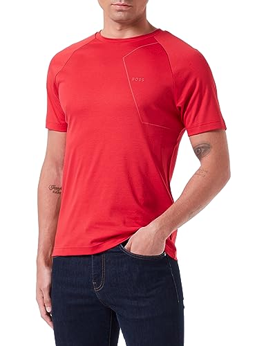BOSS Męski T-shirt Thilix z bawełny z miętowym wykończeniem i połyskującym nadrukiem, czerwony, L