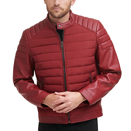 DKNY Męska kurtka Mixed Media Faux Leather Puffer Motocros Racer, czerwony, M
