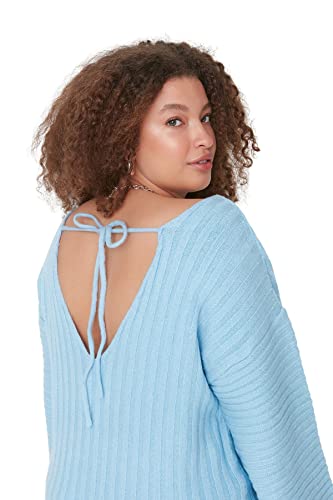 Trendyol Damska bluza z dekoltem w serek, jednokolorowa, luźna, plus size, niebieska, XL, NIEBIESKI, XL