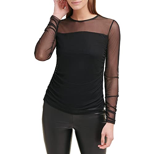 DKNY Women's Long Sleeve Crew Neck Mesh Top, czarna, XS, czarny