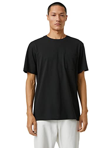 Koton Męski T-shirt Basic z okrągłym dekoltem i kieszeniami, czarny (999), L